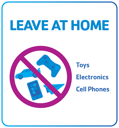 A cell phone, toy car, and videogame controller crossed out with the text no toys, electronics, and cellphones